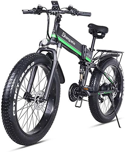 Folding Electric Mountain Bike : Electric Bicycle 26''×4.0 Fat tire, 21-Speed Mountain E-Bike, folding electric bike Full suspension, removable 614Wh Lithium Battery, Hydraulic Disc Brake Shengmilo MX01 (green, add an extra battery)