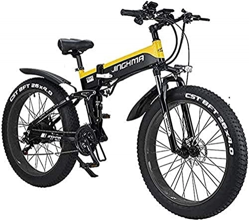 Folding Electric Mountain Bike : Electric Bike Electric Mountain Bike 26inch Folding Electric Adult Bicycle 48V 500W 12.8AH Hidden Battery Design, Suitable for 21 Gear levers and Three Working Modes (Color : Yellow)