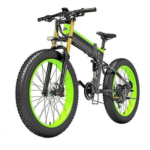 Folding Electric Mountain Bike : Electric Bike for Adults 1000w 26 Inches 4.0 Fat Tire, 40 km / h Electric Mountain Bicycle, with Removable 48v14.5ah Battery, Professional 27 Speed Gears (Color : Green, Size : 14.5AH)