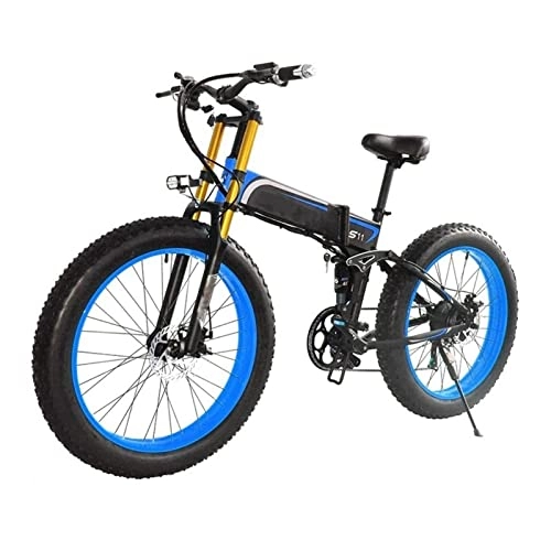 Folding Electric Mountain Bike : Electric Bike for Adults 1000W Foldable Mountain Electric Bicycle 48V 26 Inch Fat Ebike Foldable 21 speed Motorcycle (Color : Blue)