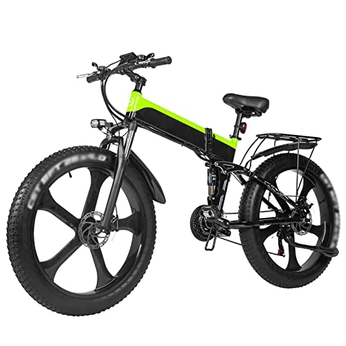 Folding Electric Mountain Bike : Electric Bike for Adults Foldable 1000W Motor 26×4.0 Fat Tire, Electric Bicycles Mountain Bike 48V Snow Electric Bicycle (Color : Green, Size : 48v 10.4Ah battery)