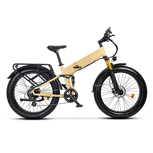 Folding Electric Mountain Bike : Electric Bike for Adults Foldable 26 Inch Fat Tire 750W 48W 14Ah Lithium Battery Ebike Full Suspension Electric Bicycle (Color : Desert Tan)