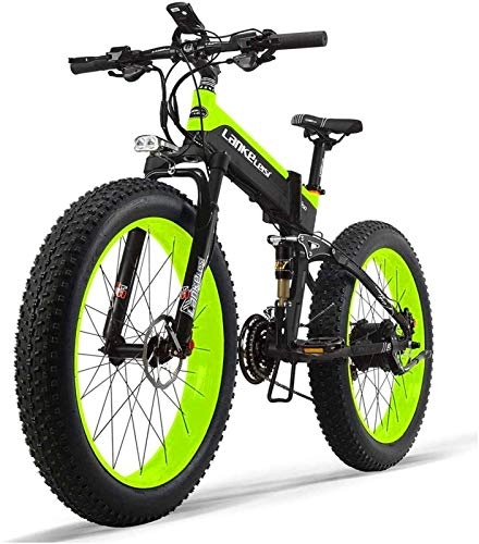 Folding Electric Mountain Bike : Electric Bikes, 48V 14.5AH 1000W Engine All-Round Electric Bike 26inch 4.0 Wholesale Tire Electric Bike 27-Speed Snow Mountain Folding Electric Bike Adult Female / Male, E-Bike (Color : Green)