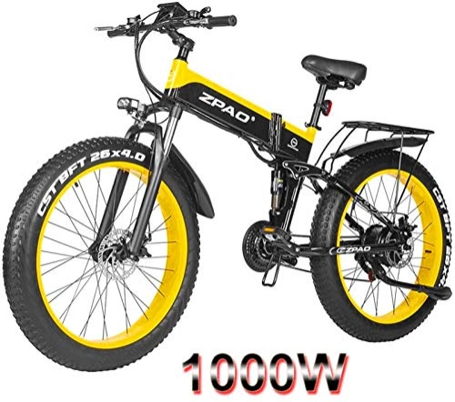 Folding Electric Mountain Bike : Electric Bikes, Folding Electric Bike 26inch Fat Tire E-Bike 48V1000W Electric Mountain Bike Maximum Speed 40km / h Adult Electric Bicycle Beach E-Bikes , E-Bike ( Color : Yeoolw , Size : 48v12.8ah )