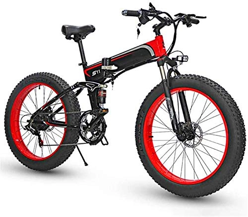 Folding Electric Mountain Bike : Electric Bikes, Folding Electric Bikes for Adults, Mountain Bike 7 Speed Steel Frame 26 Inches Wheels Dual Suspension Folding Bike E-Bike Lightweight Bicycle for Unisex, E-Bike (Color : Red)