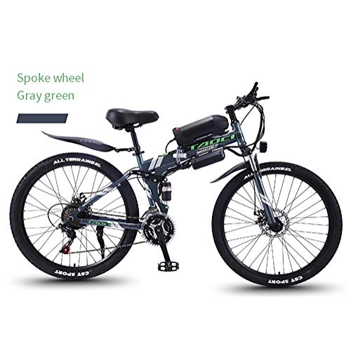 Folding Electric Mountain Bike : Electric Mountain Bike Foldable frame, 26 inch City Bike , 350w 36v 8ah High-Efficiency Lithium Battery-Range Of Mileage 30-50km, Electric Bike 21 Speed Gear and Three Working Modes, Green, Spoke wheel