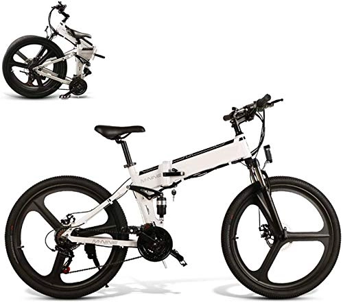 Folding Electric Mountain Bike : Electric Snow Bike, 26" Electric Bike Trekking / Touring Bike, Smart Folding E-Bike 48V 10AH 350W Motor Mountain Bicycle for Men 21-Level Shift Assisted, White Lithium Battery Beach Cruiser for Adults