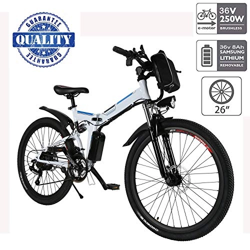 Folding Electric Mountain Bike : fiugsed 26'' Electric Mountain Bike with Removable Large Capacity Lithium-Ion Battery (36V 250W), Electric Bike 21 Speed Gear and Three Working Modes (26" White)
