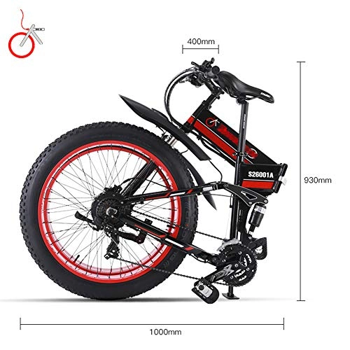 Folding Electric Mountain Bike : FJNS 21 Speeds 48V 1000W Beach Snow Electric Bicycle, Folding Electric Bike 26 Inch 4.0 Fat Tire with Hydraulic Disc Brakes and Removable Lithium Battery, Speed 35KM / h, Red50