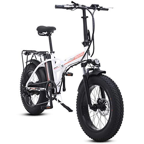 Folding Electric Mountain Bike : FJNS Foldable Electric Bike Aluminum 20 Inch Electric Snow / Beach Bicycle for Adults E-Bike 4.0 Fat Tire with 48V 15AH Built-in Lithium Battery, 500W Brushless Motor, White