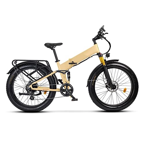 Folding Electric Mountain Bike : FMOPQ Electric BikesElectric BikeFoldable 26 Inch Fat Tire 18.6 Mph 750W 48W 14Ah Lithium Battery Full Suspension Electric Bicycle (Color : Matte Green) (Desert Tan)