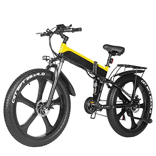 Folding Electric Mountain Bike : Folding 1000W Electric Bike For Adults 26" Fat Tire 25 Mph, Removable Lithium Battery Mountain Double Shock Foldable Ebike (Color : Yellow, Size : 48V 12.8Ah Battery)