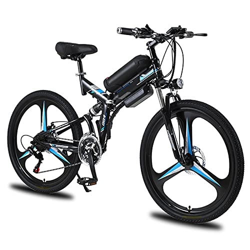 Folding Electric Mountain Bike : Folding Electric Bike for Adults, 26'' Electric Mountain Bicycle, 350W E-Bike with Super Magnesium Alloy Integrated Wheel, Professional 21 Speed Gears, Full Suspension, Black, 26 inch