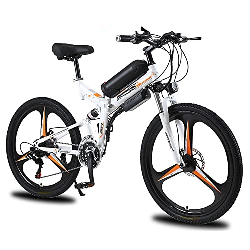 Folding Electric Mountain Bike : Folding Electric Bike for Adults, 26'' Electric Mountain Bicycle, 350W E-Bike with Super Magnesium Alloy Integrated Wheel, Professional 21 Speed Gears, Full Suspension, White, 26 inch