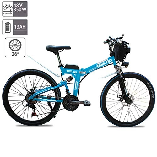 Folding Electric Mountain Bike : FYHJND Electric Bike 26'' Folding Mountain with Removable Large Capacity 48V 13AH Lithium-Ion Battery 350W Motor Electric Bike Premium Full Suspension E-Bike 21 Speed Gear, Blue