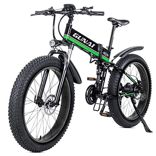 Folding Electric Mountain Bike : GUNAI Electric Bike 26 Inches Folding Fat Tire Snow Bike 21 Speed Mountain E-bike with Rear SeatGreen