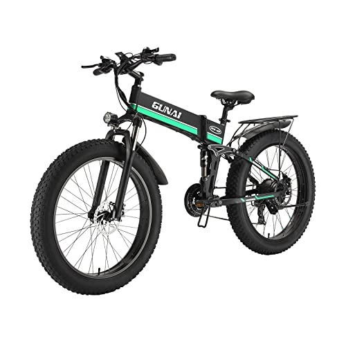 Folding Electric Mountain Bike : GUNAI Electric Bike Folding Fat Tire 26-inch Snow Bike 7-speed Mountain Electric Bike Rear Seat(Green)