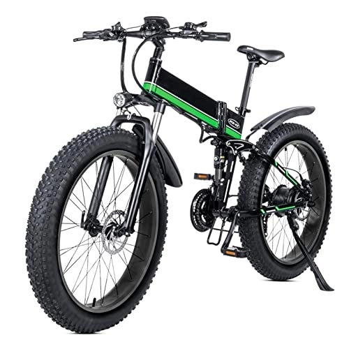 Folding Electric Mountain Bike : HMEI EBike Electric Bike Foldable for Adults 1000w Electric Mountain Bicycle 26 Inch Fat Tire Folding Electric Bike with Lcd Display 48v Removable Lithium Battery Ebike (Color : Green)