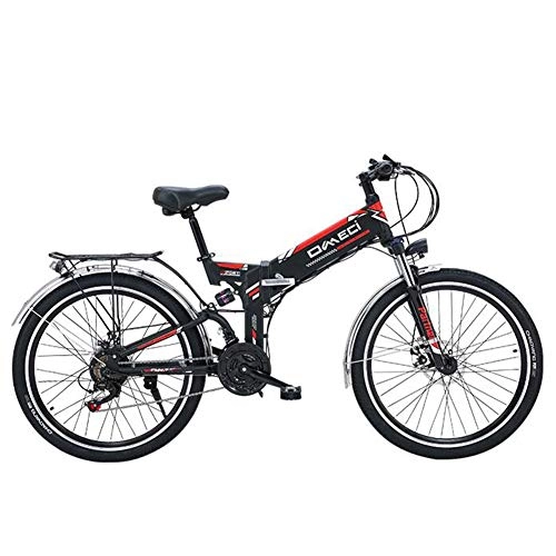 Folding Electric Mountain Bike : HSART Electric Mountain Bike, 26'' Electric Bike for Adults E-Bike 48V 10Ah Lithium-Ion Battery Full Suspension And 21 Speed Gears(Black)