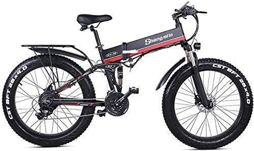 Folding Electric Mountain Bike : IMBM MX01 1000W Strong Electric Snow Bike, 5-grade Pedal Assist Sensor, 21 Speed Fat Bike, 48V Extra Large Battery E Bike (Color : Red, Size : 1000W 14.5Ah)