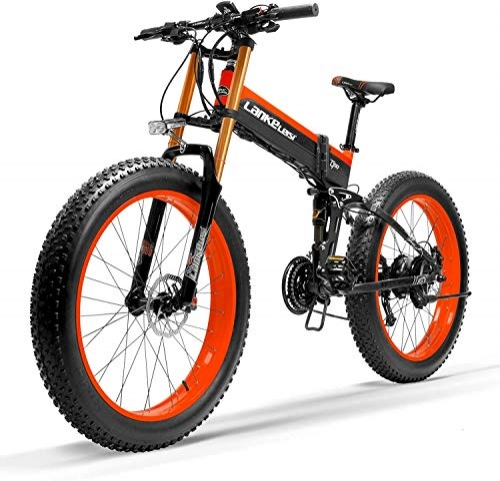 Folding Electric Mountain Bike : IMBM T750Plus 27 Speed 1000W Folding Electric Bike 26 * 4.0 Fat Bike 5 PAS Hydraulic Disc Brake 48V 10Ah Removable Lithium Battery Charging(Black Red Upgraded, 1000W + 1 Spare Battery)