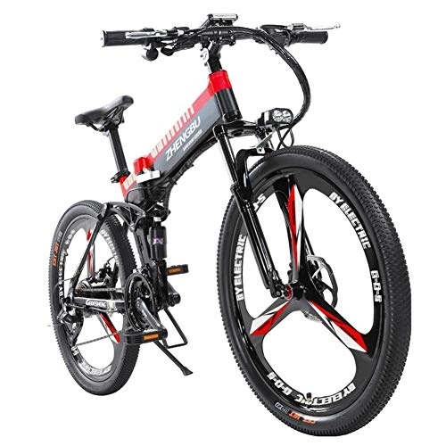 Folding Electric Mountain Bike : L.HPT Electric Mountain Bike Foldable Bicycle Mens 26inch 27 48V10Ah Lithium Battery Bicycle For Adult Maximum Load 150kg Endurance 90KM Black+Red