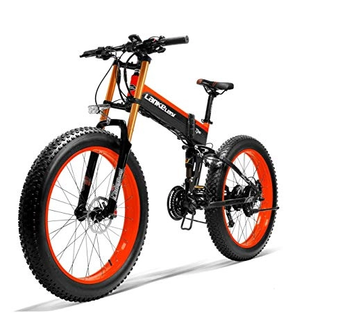 Folding Electric Mountain Bike : Lankeleisi 750plus 48V 14.5ah 1000W full function electric bicycle 26"4.0 large tire MTB electric bicycle folding adult men and women anti upgrade fork (red, 500W)