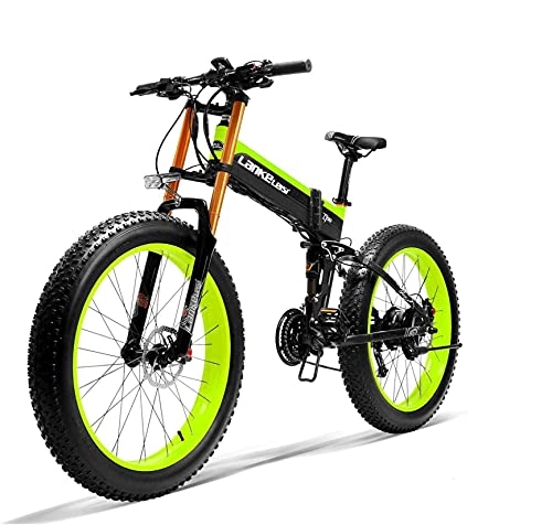 Folding Electric Mountain Bike : LANKELEISI adult electric bicycle, 48V 14.5AH 500W 750PLUS all-round electric bicycle, 26" 4.0 fat tire mountain folding electric bicycle, with anti-theft device (green, 500W)