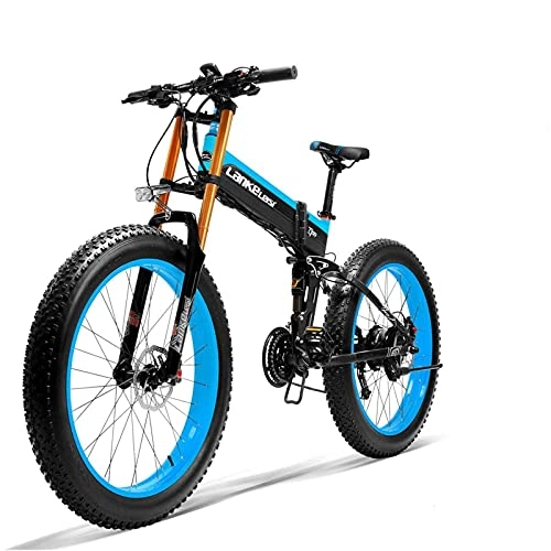 Folding Electric Mountain Bike : Lankeleisi electric bicycle folding electric bicycle full-featured electric bicycle 26" 4.0 big tire 750plus 48V 14.5ah 1000W upgrade fork (blue, A battery)