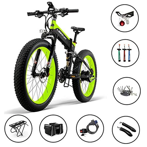 Folding Electric Mountain Bike : MDDCER Multifunction 1000W Folding Electric Bike 14.5AH / 48V Lithium Battery 27 Speeds Fat Tire Electric Bicycle Folding E-bike Adult 26x4.0 Inch Sports Battery Mountain Ebike For Mens Black+Green