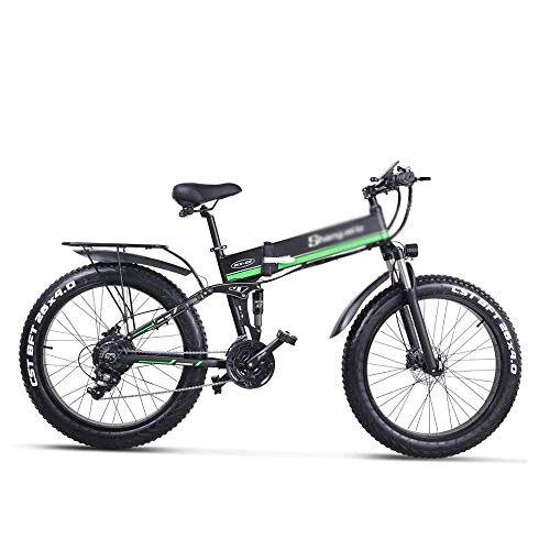 Folding Electric Mountain Bike : Pumpink E-Bike 1000W Electric Bicycle, Folding Mountain Bike, Fat Tire Ebike, 48V 12.8AH, E-Mountain Bike Adult, Teenager (Color : Green)