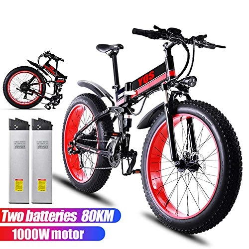 Folding Electric Mountain Bike : Qnlly 26 Inch 1000W Electric Mountain Bike Shimano 21 speed 48V 12A Lithium Battery Aluminum Electric Bicycle Adult Frame Assisted EBike (2 Batteries 80KM), Red