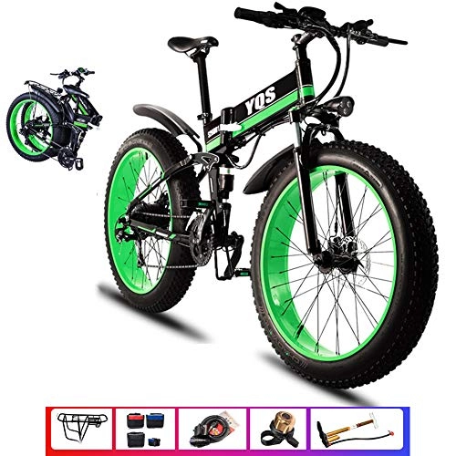 Folding Electric Mountain Bike : Qnlly Snow Mountain Bike 1000W 40KM Ebike Electric Bike e bike 48V Electric Bicycle, Green