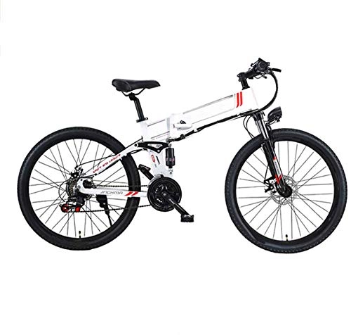 Folding Electric Mountain Bike : RDJM Ebikes, 26'' Electric Bike, Folding Electric Mountain Bike with 48V 10Ah Lithium-Ion Battery, 350 Motor Premium Full Suspension And 21 Speed Gears, Lightweight Aluminum Frame (Color : White)