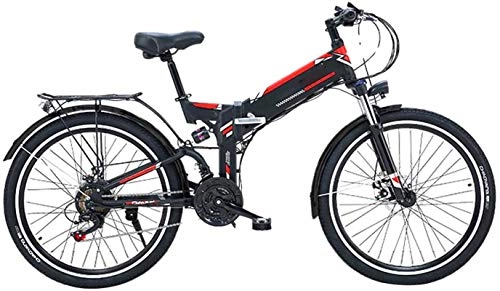 Folding Electric Mountain Bike : RDJM Ebikes, 26'' Folding Electric Mountain Bike, Electric Bike with 36V / 10Ah Lithium-Ion Battery, 300W Motor Premium Full Suspension And 21 Speed Gears (Color : Black)