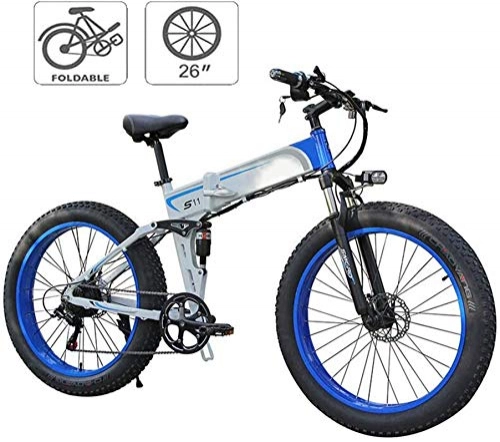 Folding Electric Mountain Bike : RDJM Ebikes Folding Electric Bikes for Adults Mountain Bike 7 Speed Steel Frame 26 Inches Wheels Dual Suspension Folding Bike E-Bike Lightweight Bicycle for Unisex (Color : Blue)