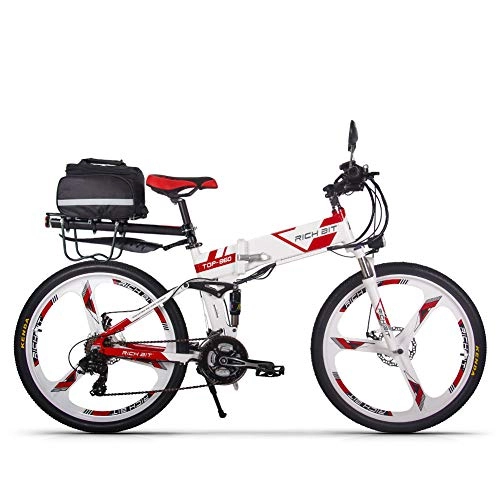 Folding Electric Mountain Bike : RICH BIT Electric Bike 250W * 36V * 12.8Ah Folding Bicycle Shimano 21 Speed Mountain Ebike (white red)