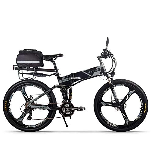 Folding Electric Mountain Bike : RICH BIT Folding Electric Bike 36V 12.8A Li-Battery Folding Bike 26 Inch MTB E-Bike Shimano 21 Speed (grey)