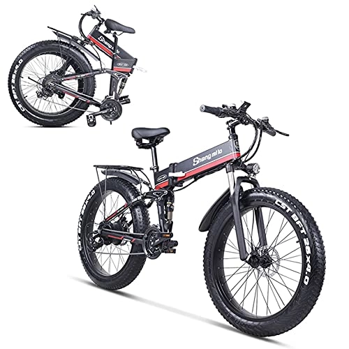 Folding Electric Mountain Bike : SHENGMILO Adult Folding Electric Bicycle, 26 * 4.0 Fat Tire Electric Bicycle with 1000W Motor 48V 12.8AH Battery, Commuter or Mountain Cross-country Bicycle, 7 / 21 Shift Lever Accelerator (Red, 1000W)