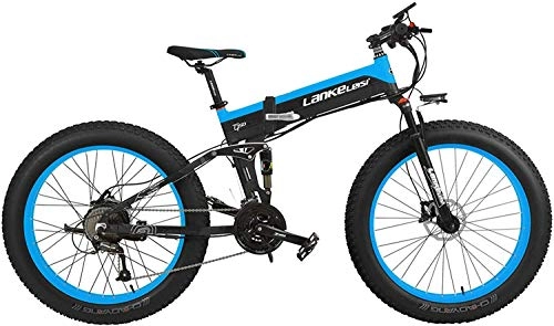 Folding Electric Mountain Bike : T750P 26 Inch 1000W / 500W Folding Mountain Bike, adopt 48V 10Ah / 14.5Ah Lithium Battery, with Big Bike Computer, Pedal Assist Electric Bike (Color : Black Blue, Size : 500W 10Ah)