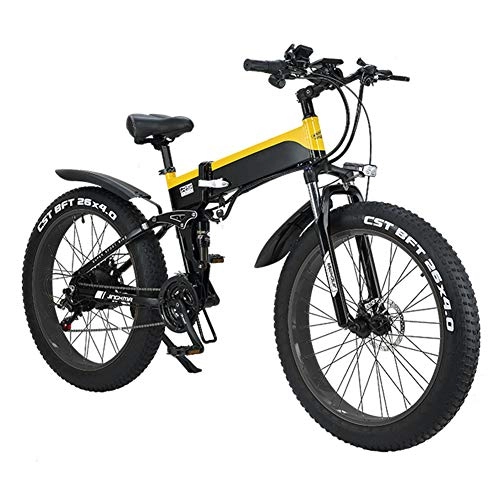 Folding Electric Mountain Bike : TANCEQI Electric Folding Bike Bicycle Portable Adjustable for Adults, 26" Electric Bicycle / Commute Ebike Foldable with 500W Motor, 48V 10Ah, 21 / 7 Speed Transmission Gears for Cycling Outdoor, Yellow