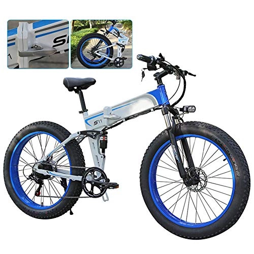 Folding Electric Mountain Bike : TANCEQI Folding Electric Bike for Adults 7 Speed Shift Mountain Bike 26-Inch Spoke Wheels Mountain Electric Bicycle MTB Dual Suspension Bicycle 350W Watt Motor for City Outdoor Travel Work Out, Blue