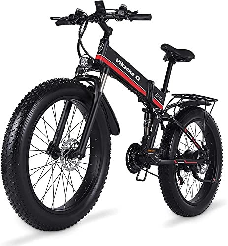 Folding Electric Mountain Bike : Vikzche Q Electric Bike 26 Inches Folding Fat Tire Snow Bike 12Ah Li-Battery 21 Speed Beach Cruiser Mountain E-bike with Rear Seat