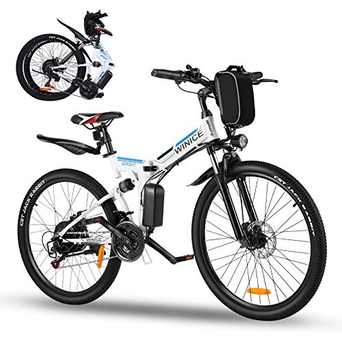 Folding Electric Mountain Bike : Vivi 350W Folding Electric Bike for Adults, 26'' Electric Mountain Bike, with 36V 8Ah Removable Lithium-Ion Battery, Shimano 21-Speed E-Bike (White)
