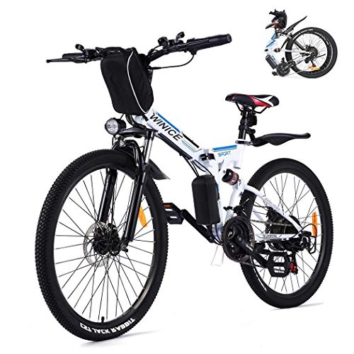 Folding Electric Mountain Bike : Vivi Electric Bike 26" Folding Electric Bike, E Bikes for Men Women 350W with 36V 8AH Removable Battery, Shimano 21 Speed Gears Full Shock Absorption (White blue)
