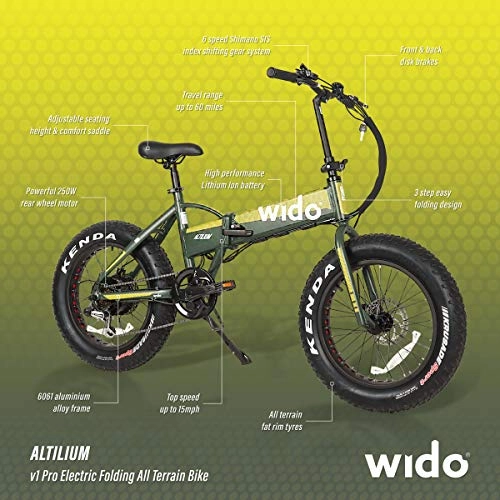Folding Electric Mountain Bike : Wido Folding Ebike Electric All Terrain Mountain Bike Lithium Powered Rechargeable Battery Fat Tyre Bicycle