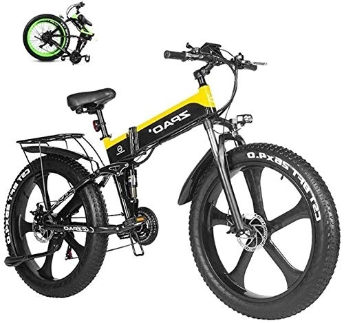 Folding Electric Mountain Bike : WJSWD Electric Snow Bike, Electric Bike 26 Inches Folding Fat Tire Snow Bike 12.8Ah Li-Battery Beach Cruiser Mountain E-bike Lithium Battery Beach Cruiser for Adults (Color : Yellow)