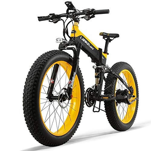 Folding Electric Mountain Bike : xianhongdaye 27-speed 26-inch electric bicycle 48V 1000W electric bicycle snow wide tire bicycle mountain off-road tire-Yellow 48V 8AH 350W