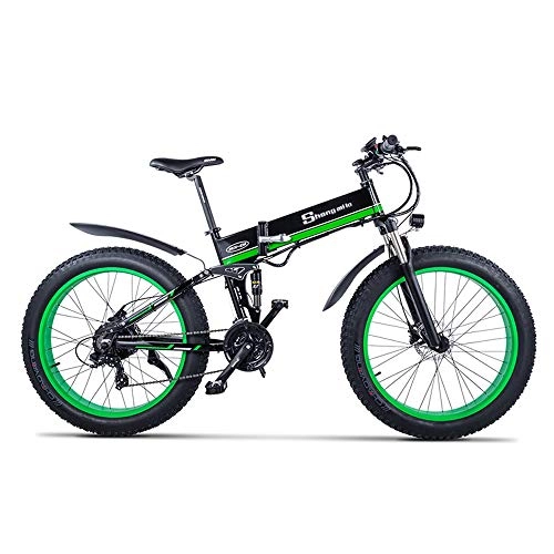 Folding Electric Mountain Bike : XXCY 1000W Electric Bike Mens Mountain Ebike 21 Speeds 26 inch Fat Tire Road Bicycle Beach / Snow Bike with Hydraulic Disc Brakes and Suspension Fork (01green)