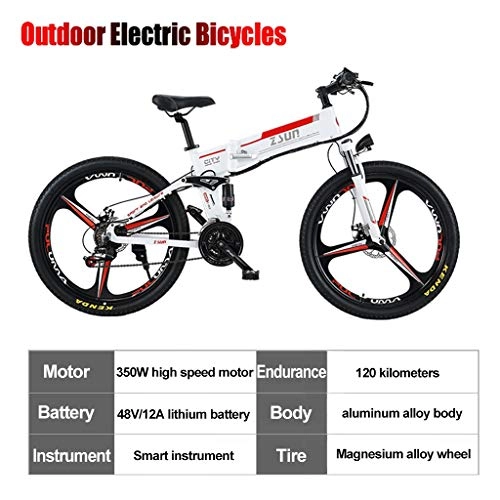 Folding Electric Mountain Bike : ZJGZDCP 350W 48V Folding Electric Bike Removable Lithium Battery Beach Snow Bicycle Moped Electric Mountain Bike Powerful Motor Aluminum Frame (Color : White)